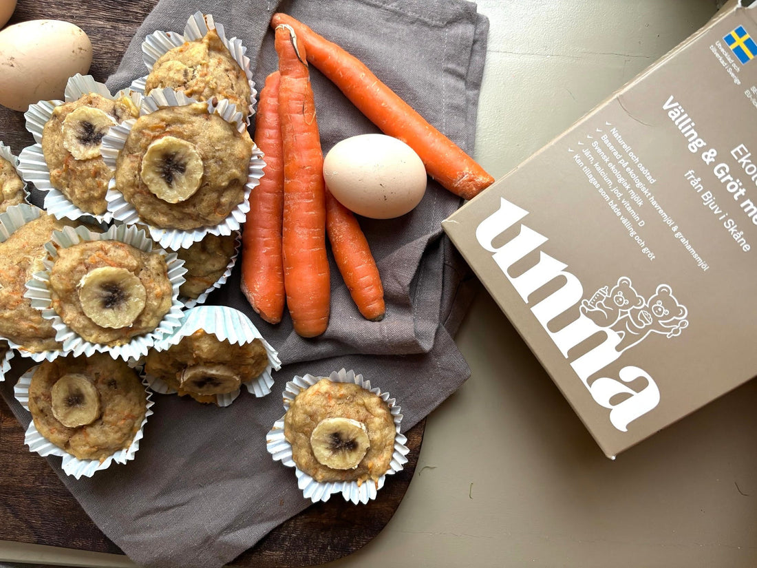 Mellanmålsmuffins med morot och banan bakade på Unnas Välling & Gröt med fullkorn
