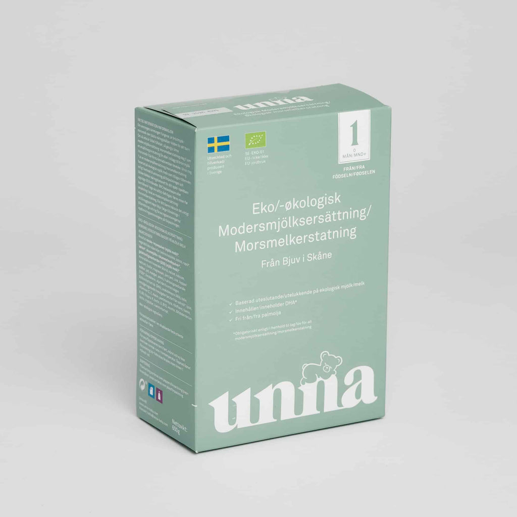 Unna baby food packaging box on a light gray background
